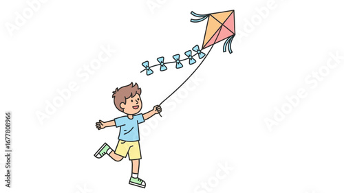 A joyful cartoon boy runs enthusiastically outdoors, holding the string of a colorful, high-flying kite, symbolizing the carefree spirit and delightful adventures of childhood play in the fresh air