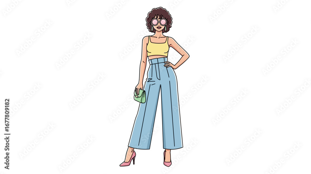 Fototapeta premium Stylish woman in trendy outfit illustration, showcasing modern fashion with wide-leg pants and a crop top, perfect for lifestyle and design concepts
