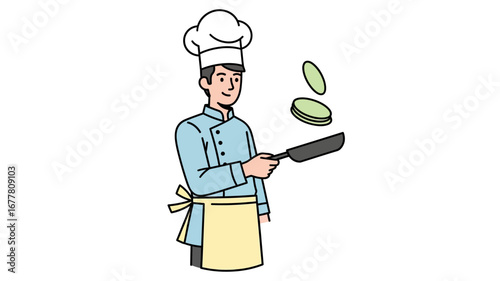 A cheerful male chef skillfully flips food in a frying pan, showcasing culinary expertise in a professional kitchen setting, perfect for cooking demonstrations and culinary content