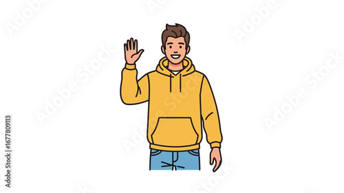 Friendly young man in a yellow hoodie cheerfully waving his hand, expressing a warm and inviting welcome gesture, suitable for various communication concepts