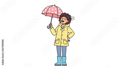 Vibrant cartoon illustration of a joyful young girl in a yellow raincoat and blue boots, happily holding a polka dot umbrella on a bright day