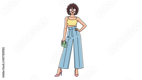 Stylish woman in trendy outfit illustration, showcasing modern fashion with wide-leg pants and a crop top, perfect for lifestyle and design concepts