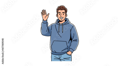 Friendly young man in a casual blue hoodie waving a welcoming greeting, smiling cheerfully with one hand raised in a warm gesture, perfect for a cheerful and approachable visual asset