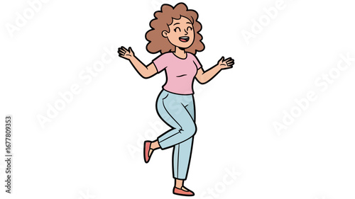 Joyful woman cartoon character posing energetically. She stands on one leg with outstretched arms, radiating happiness and a carefree spirit in this vibrant illustration