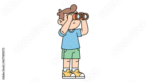 Curious young boy exploring the world with binoculars, an adventurous cartoon character observing, searching, and discovering new things with keen interest