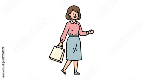Smiling cartoon woman enjoying a leisurely walk with her shopping bag, depicting a happy consumer experience or a casual day out