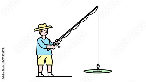 An illustration of a person enjoying the relaxing hobby of fishing, standing with a rod and line cast into a small pool, embodying outdoor leisure