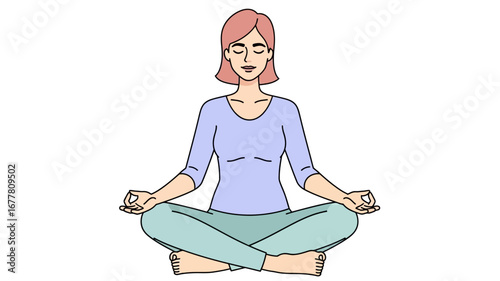 Calm woman meditating in a peaceful cross-legged pose, embracing mindfulness and inner peace for stress relief, mental clarity, and spiritual well-being