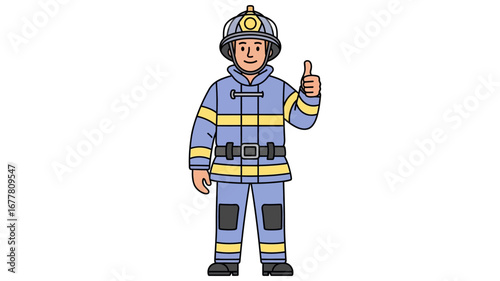 Brave cartoon firefighter in protective uniform and helmet giving a confident thumbs-up gesture, symbolizing safety, approval, and readiness to help in emergency situations