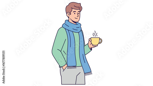 Cozy young man enjoying a warm beverage in winter, dressed in a scarf, feeling comfortable and relaxed, perfect for a chilly day