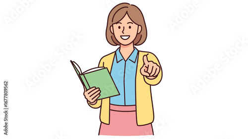 Smiling female instructor holding an open book and pointing, conveying guidance, teaching, and clear communication in a friendly, approachable digital illustration