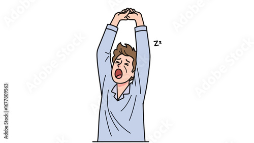 A sleepy person in pajamas performs a morning stretch and wide yawn, symbolizing the universal act of waking up and preparing for the new day ahead