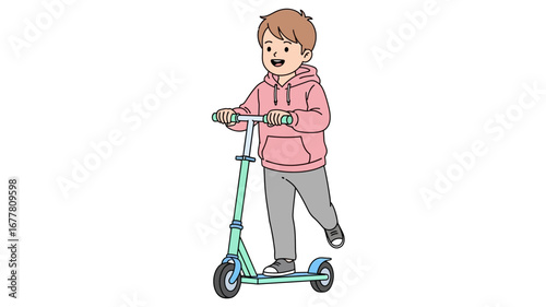 Happy young boy enjoying a ride on his vibrant kick scooter, showcasing active and joyful childhood play with a cheerful expression
