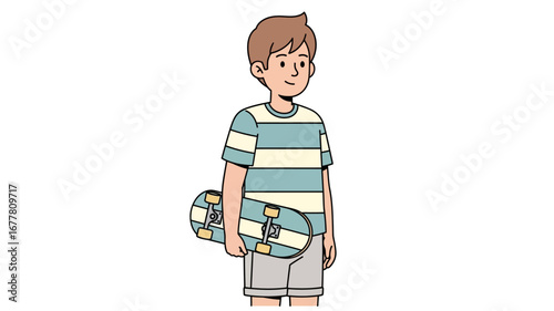 Stylized illustration of a cheerful young boy in casual striped attire, holding a skateboard, embodying a carefree and active youthful lifestyle