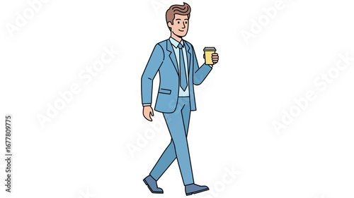 Modern vector illustration of a confident young businessman in a blue suit, walking with a coffee cup. Ideal for depicting professional life and daily routines