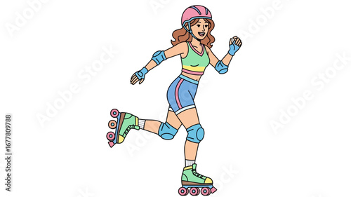 Dynamic cartoon character of a cheerful young woman expertly rollerblading, an engaging illustration depicting an active hobby and healthy lifestyle with protective gear