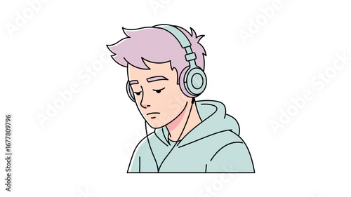 A minimalist line art illustration captures a pensive young man with purple hair wearing headphones, conveying a moment of introspective thought or focused listening in a simple, clean graphic style