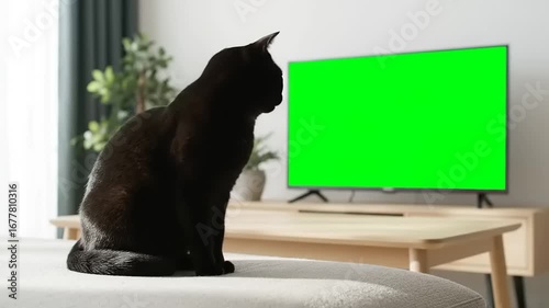 Cute domestic black cat sitting on a sofa and intently watching a green screen television