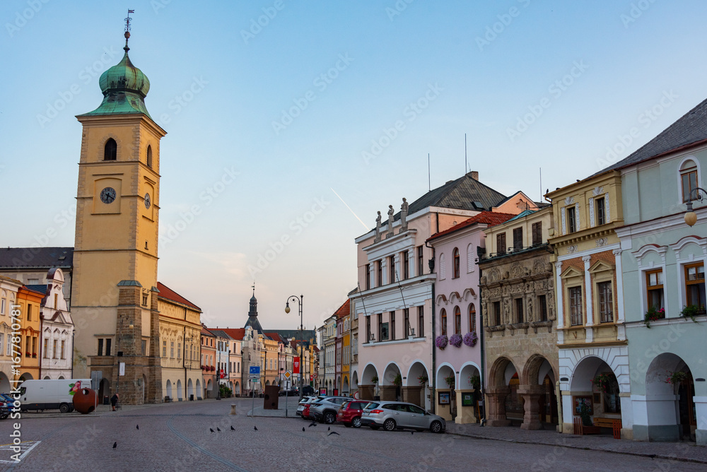 Fototapeta premium Clock tower at Smetanovo namesti square in Litomysl, Czech repub