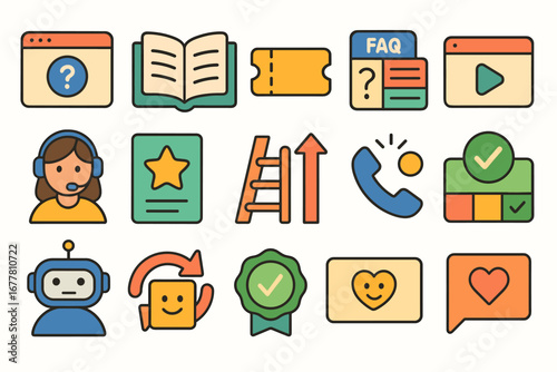 Customer support flat icon set. faq, assistance, chat, and help line icons collection