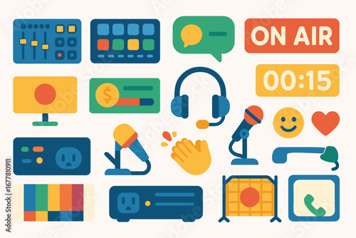 Broadcasting, podcast flat icon set. audio, media tools collection