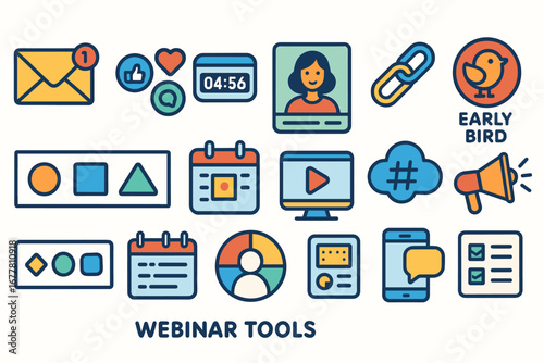 Webinar tools outline icon set: communication, organization, marketing graphics