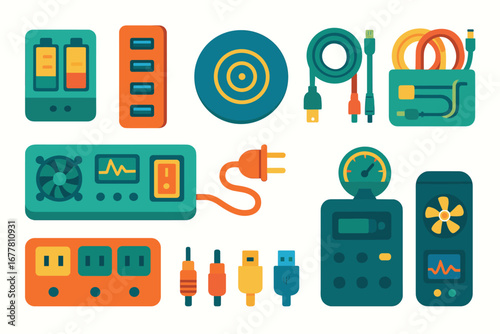 Technology gadgets flat icon set. electronics, devices, charging cables flat collection