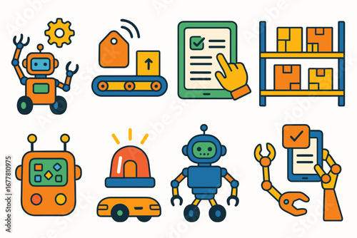 Automation and robotics icon set. warehouse management icons, flat style pack