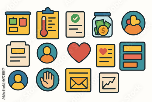 Business and finance flat icon set. charts, documents, communication icons curated