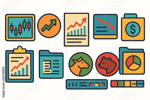 Finance, business flat icon set. charts, investment, analysis icons collection