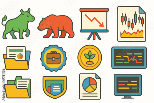 Finance and business flat icon set. market analysis, investment, stock, trading icons
