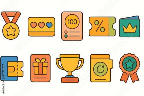 Rewards and loyalty program icon set. outline style for cards, badges, and awards