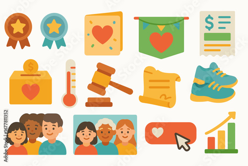 Charity and donation icon set. flat style, fundraising and volunteer symbols
