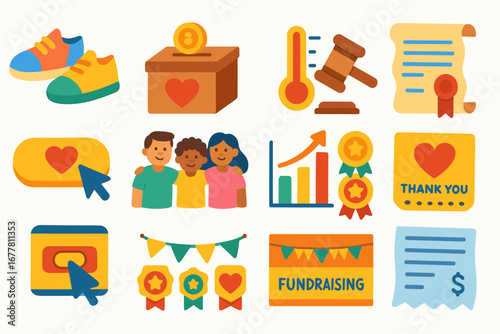 Charity, fundraising flat icon set. donation, community engagement icons flat style