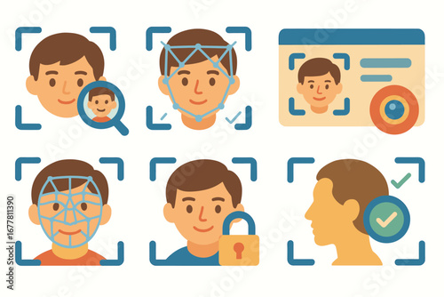 Facial recognition flat icon set. face scan, biometric security, identification icons