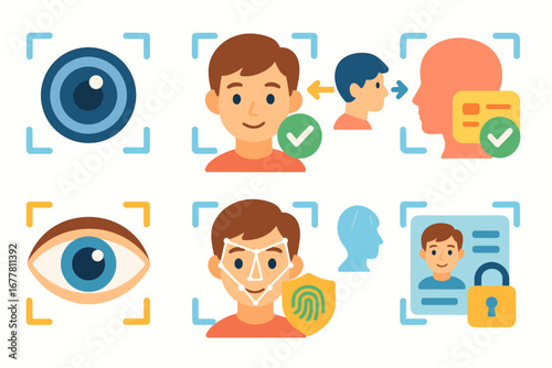 Biometric security solid icon set. fingerprint, face recognition, eye scan icons