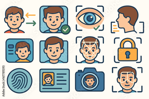 Face recognition outline icon set. biometric security icons collection
