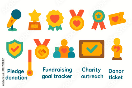 Charity, fundraising flat icon set. donation, volunteer symbols collection