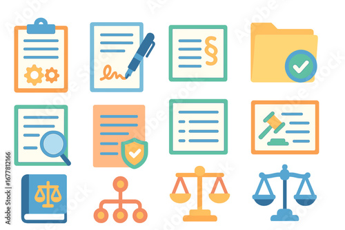 Legal and law outline icon set. justice, contract, court icons for professionals