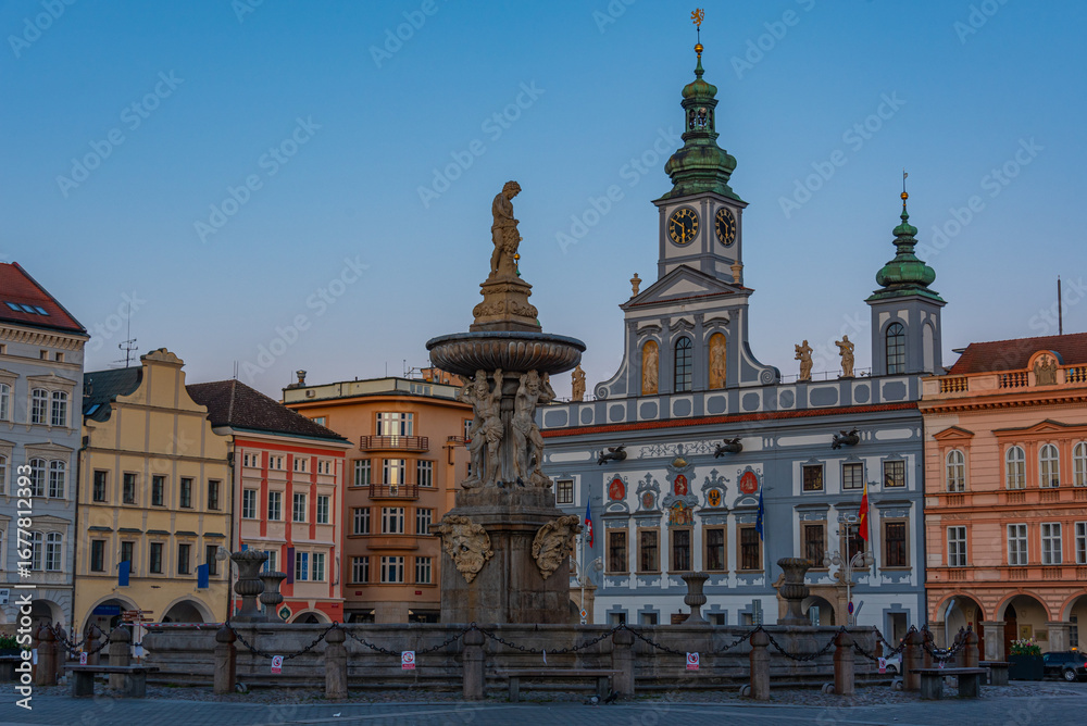 Fototapeta premium Sunrise view of the main square in Ceske Budejovice, Czech repub