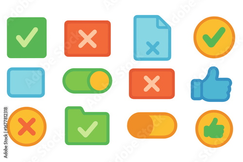 User interface icon set: flat style toggles, checkmarks, and file icons