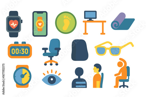 Office and fitness icon set. linear desk, chair, computer, yoga, smartwatch icons