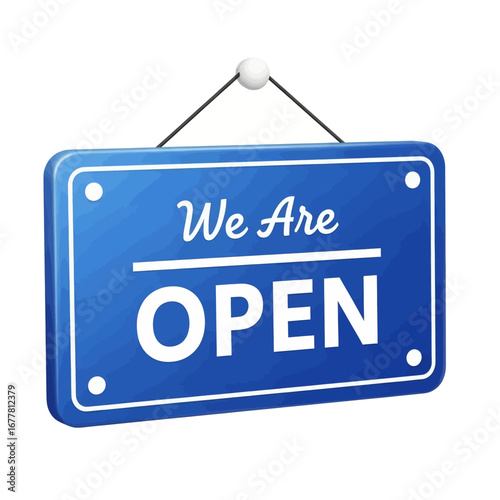 A glossy blue rectangular hanging sign with the text 'We Are OPEN' written in white, indicating a business is ready for customers.