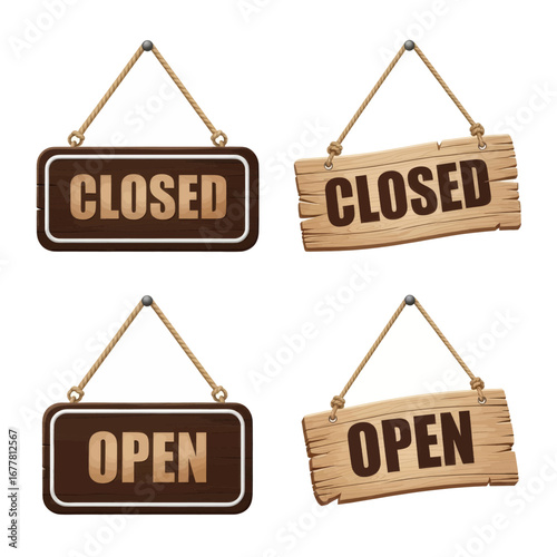 Four wooden signs with the words 'closed' and 'open' hanging by ropes, showing business hours.