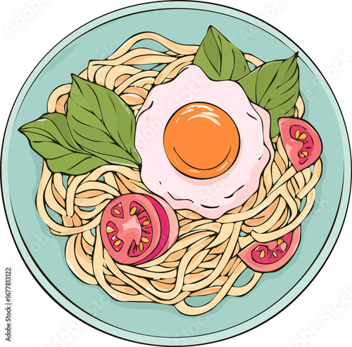 Delicious Noodle Dish with Fried Egg and Tomatoes