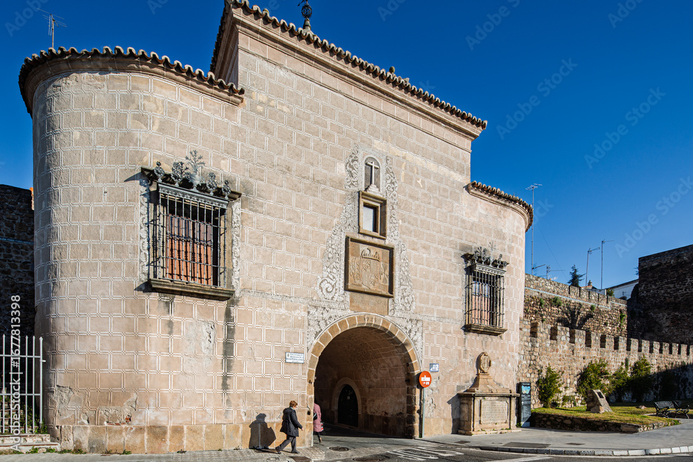 Obraz premium Plasencia, Spain, Jan 9 2015, Historic Puerta de Trujillo in Coria, Extremadura, Spain
