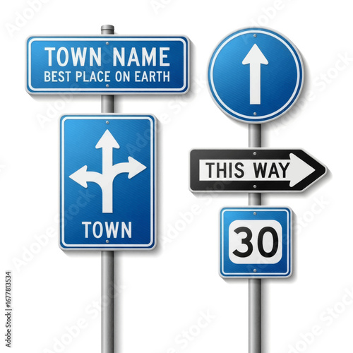Road signs with town name, directions, and speed limit on a white background.