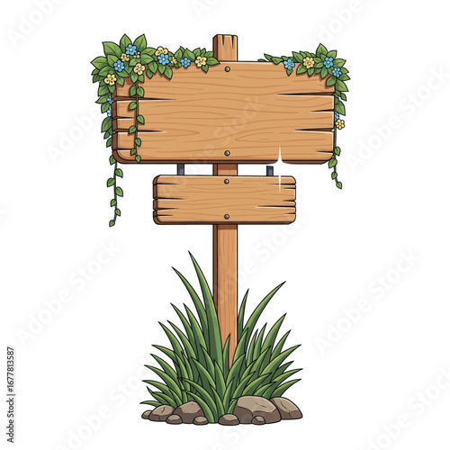 A cartoon wooden signpost with two blank planks, decorated with ivy vines and flowers, standing in grass.
