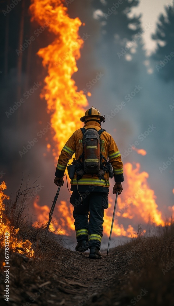 Naklejka premium Brave firefighter confronting raging flames