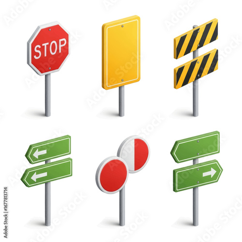 Isometric view of various road signs, including stop, direction, and warning symbols for traffic guidance.